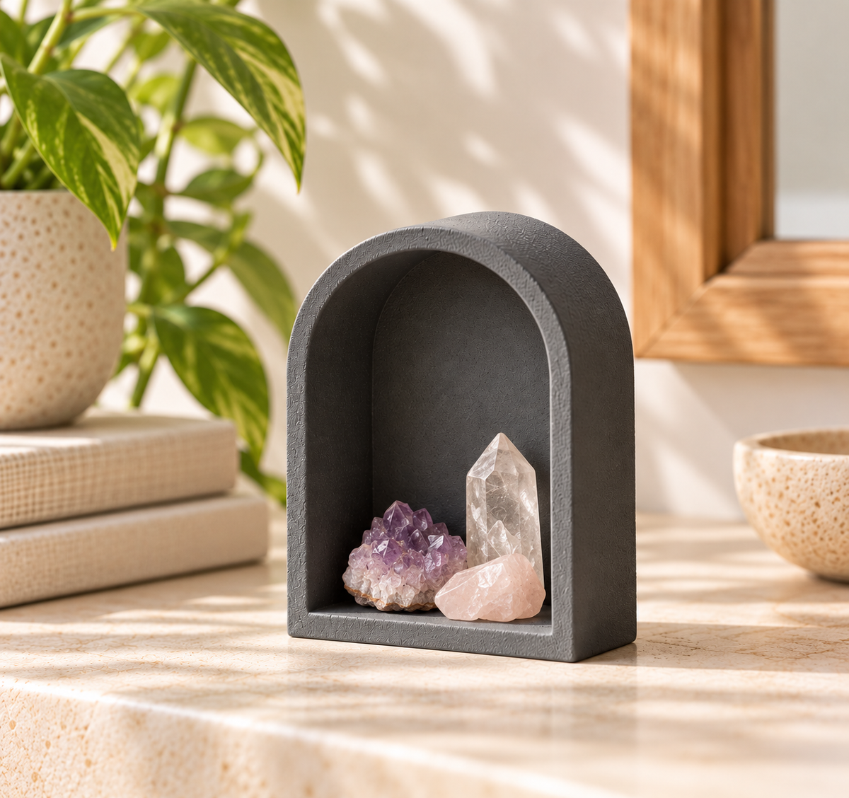 Concrete Trinket Shelf, Mini Arch Display for Crystals, Air Plants & Tiny Treasures