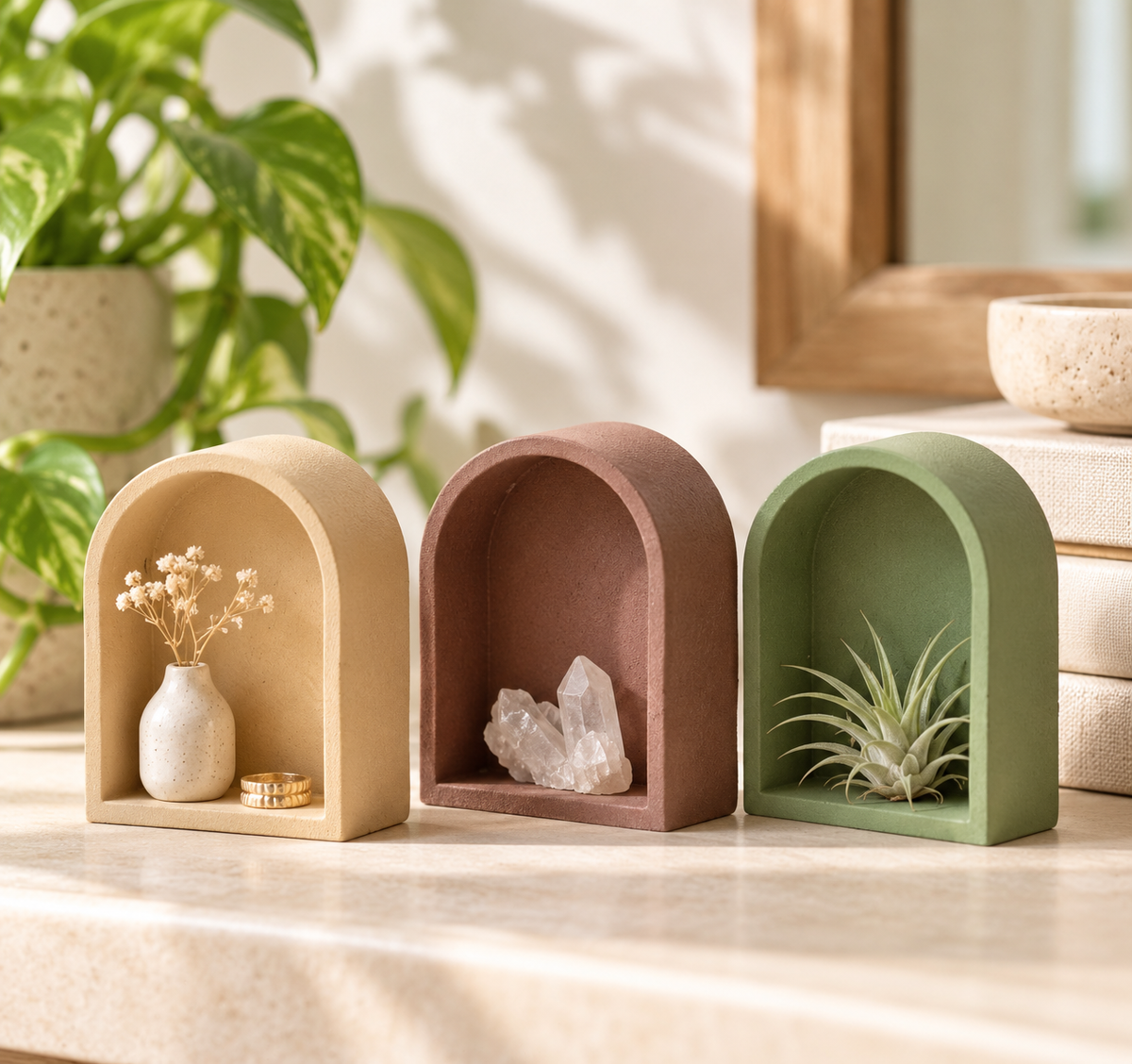 Concrete Trinket Shelf, Mini Arch Display for Crystals, Air Plants & Tiny Treasures