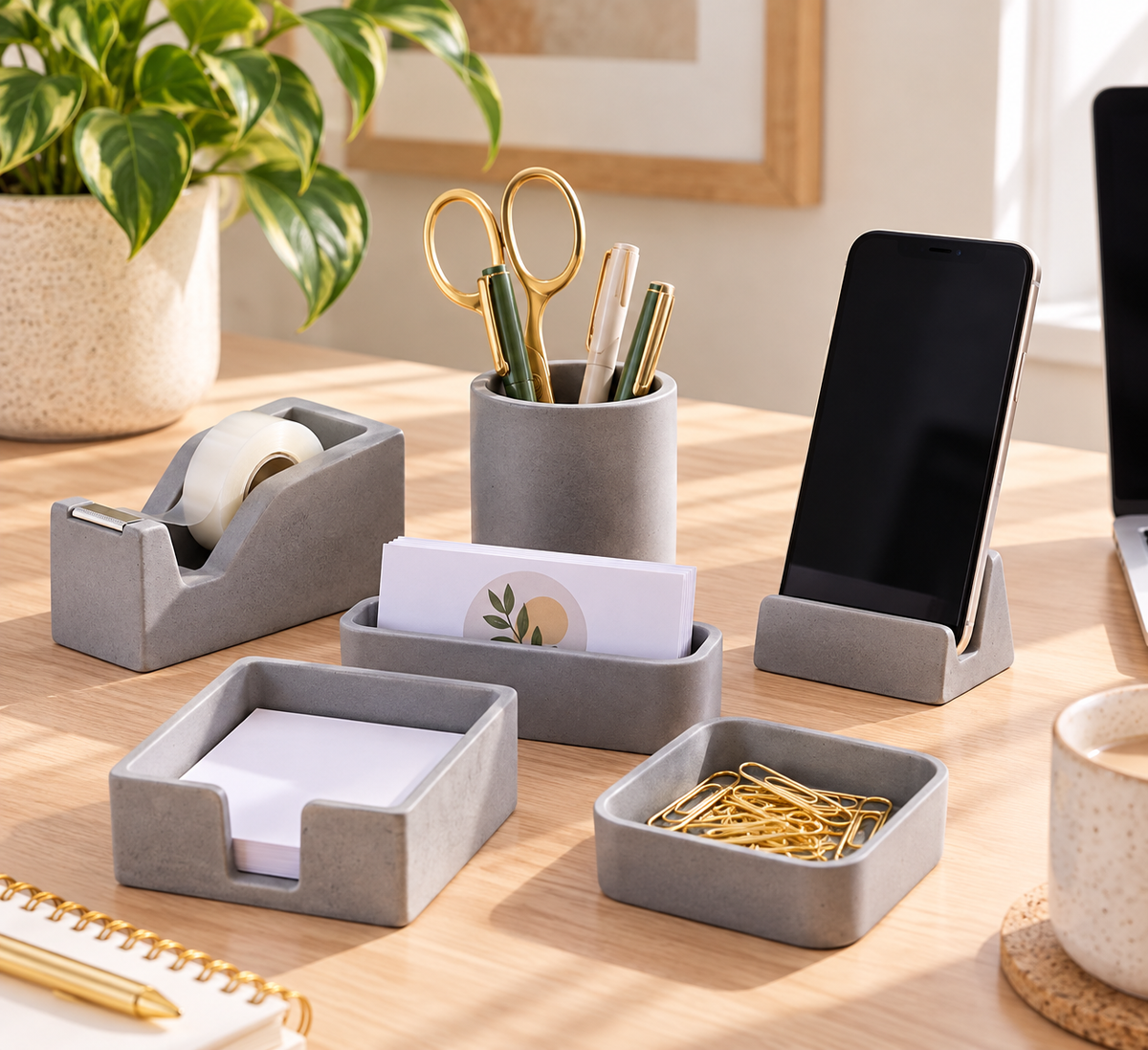 6 Piece Handmade Concrete Desk Organizer Set – Modern Office Accessories