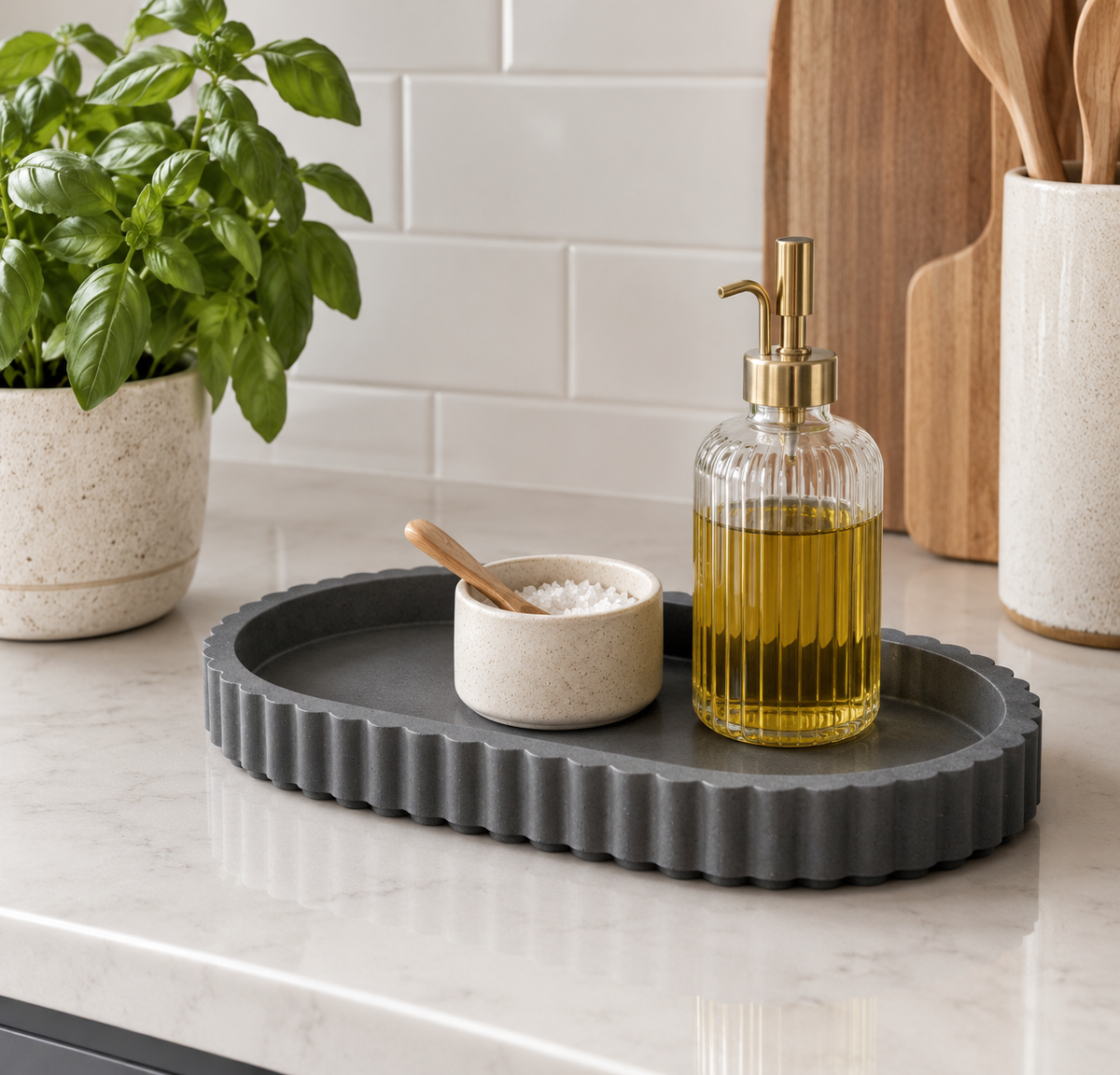 Concrete Ribbed Oval Catchall Tray