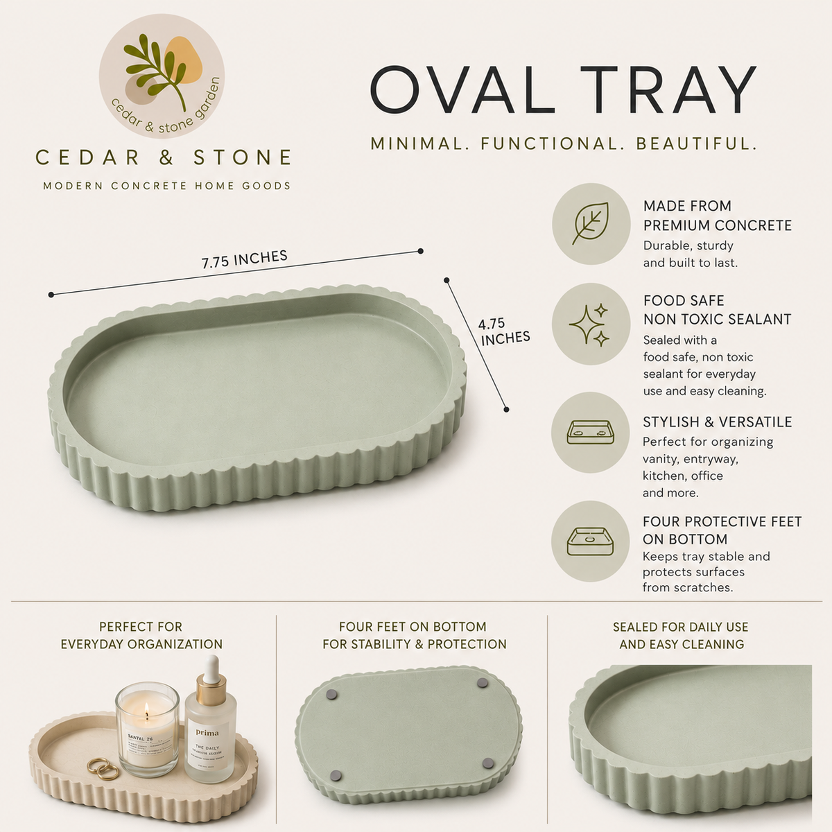 Concrete Ribbed Oval Catchall Tray
