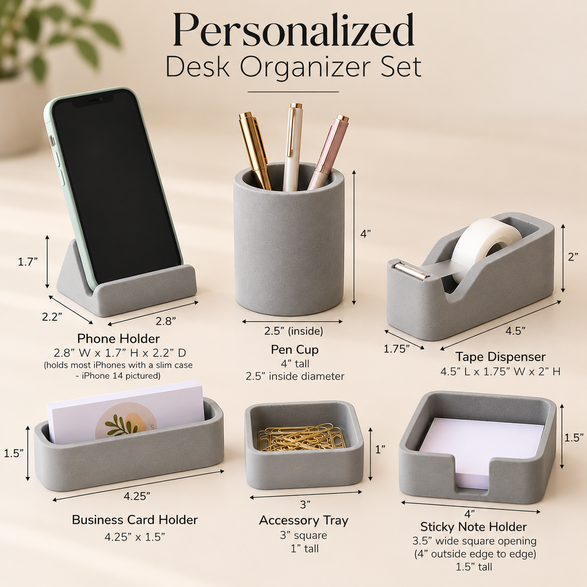 6 Piece Handmade Concrete Desk Organizer Set – Modern Office Accessories