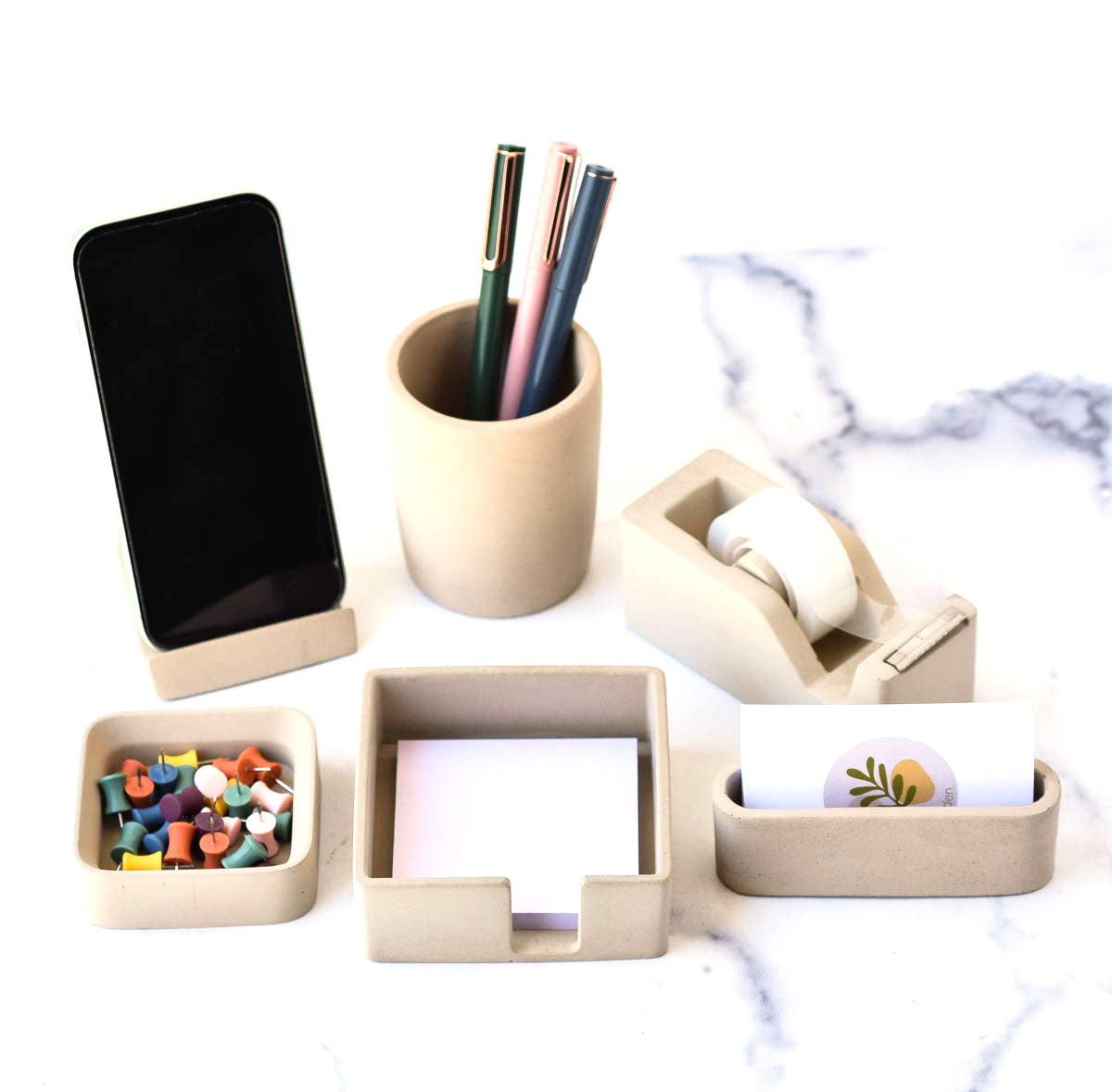 6 Piece Handmade Concrete Desk Organizer Set – Modern Office Accessories